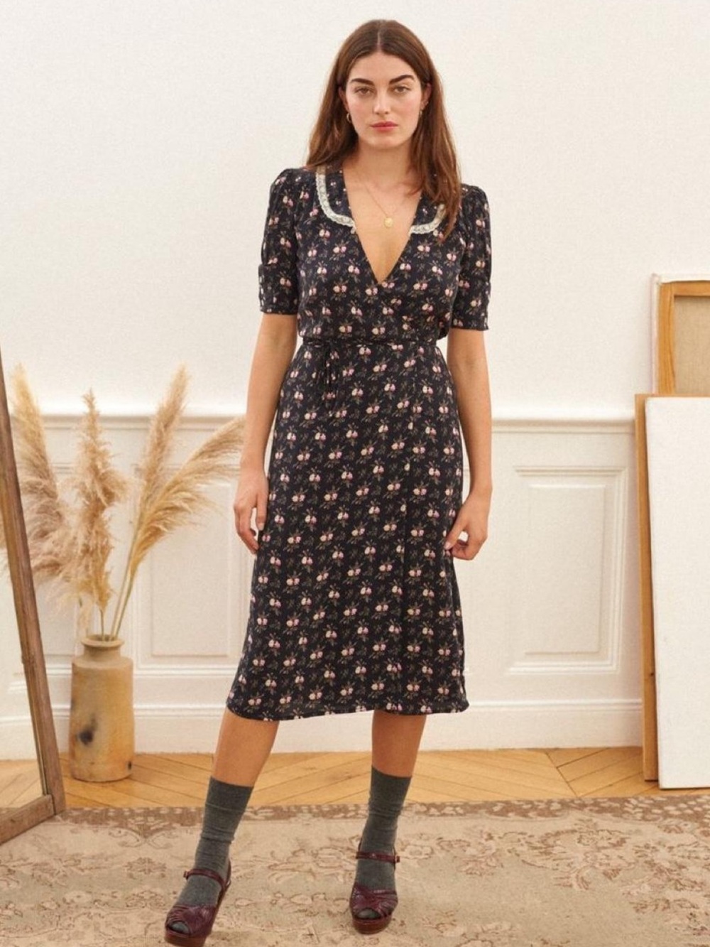 SEZANE Black Pink Dainty Floral Lace Trim Collared Button Down Midi Wrap Dress